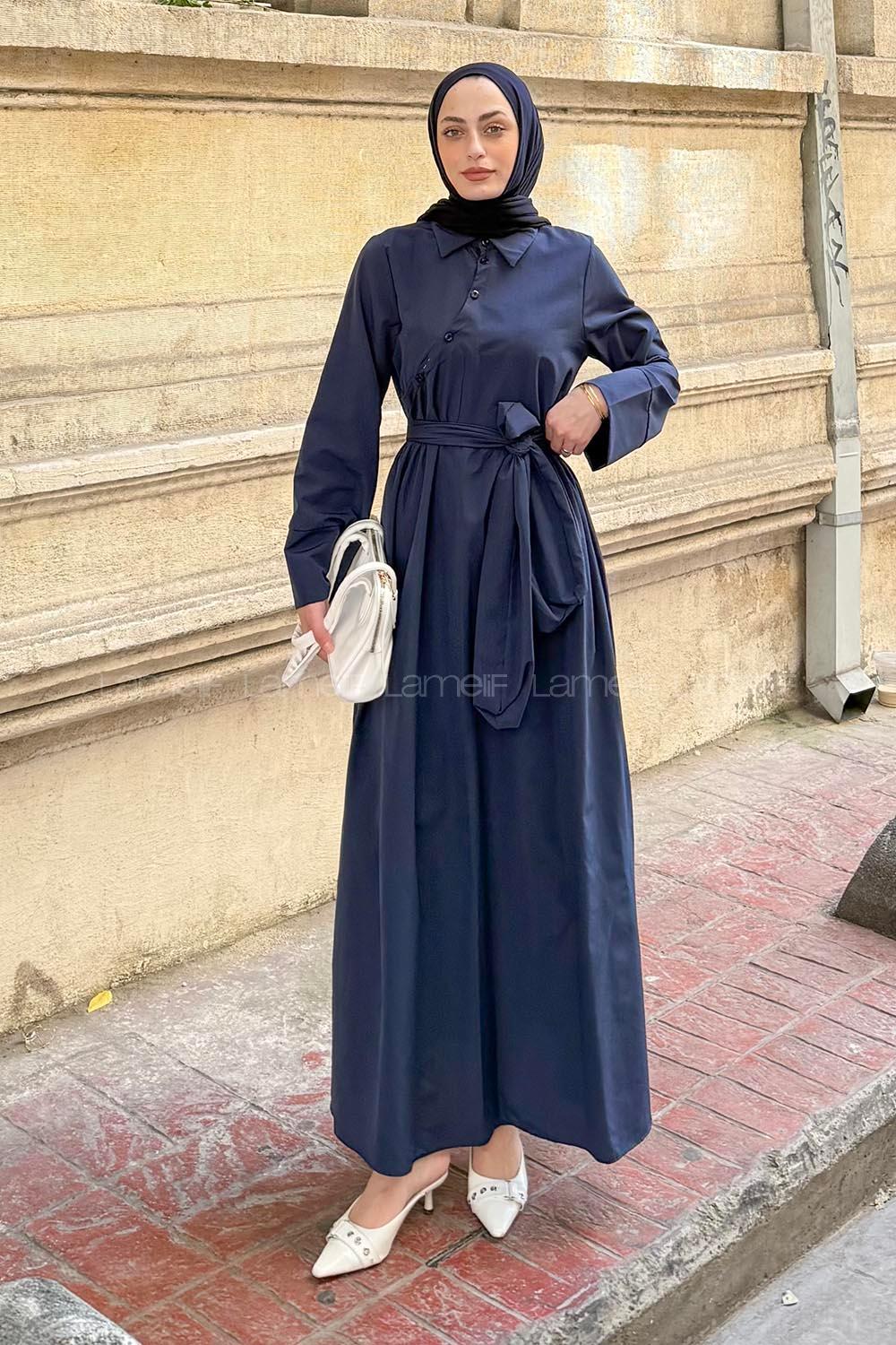 Lamelif Düğme Detaylı Tesettür Elbise Lacivert