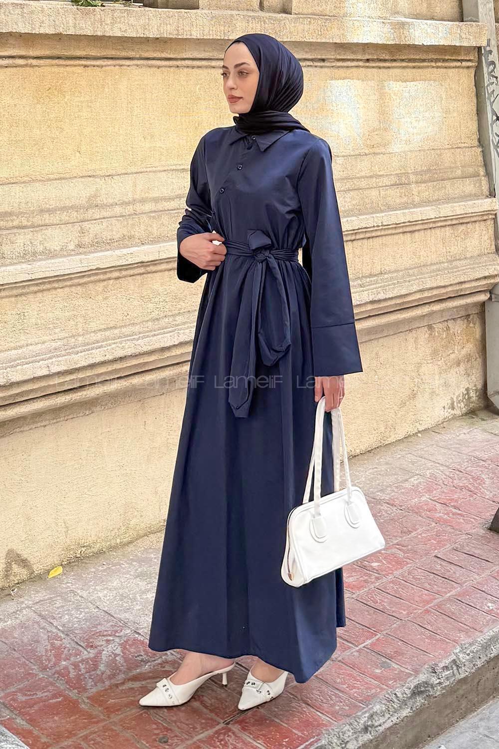 Lamelif Düğme Detaylı Tesettür Elbise Lacivert