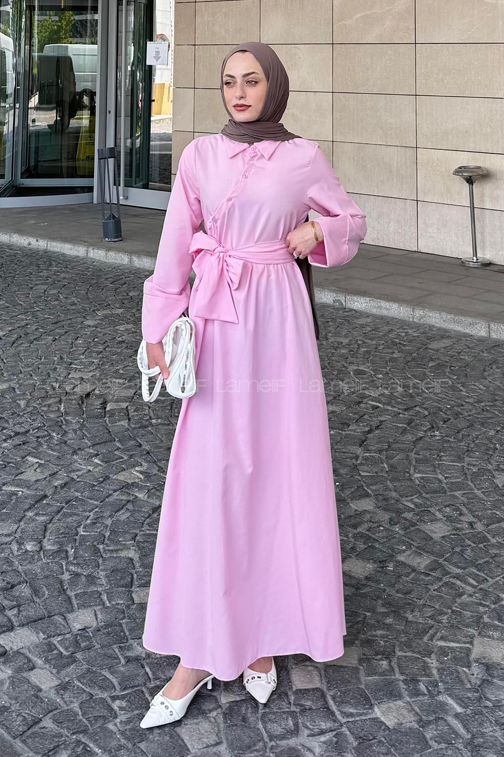 Lamelif Düğme Detaylı Tesettür Elbise Pembe