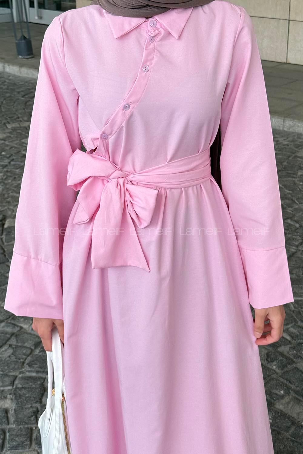 Lamelif Düğme Detaylı Tesettür Elbise Pembe