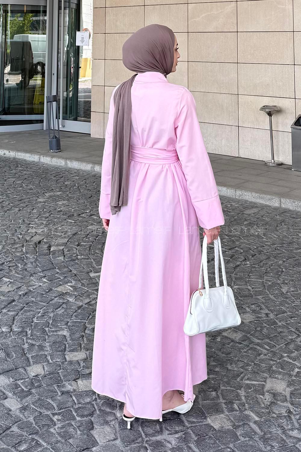 Lamelif Düğme Detaylı Tesettür Elbise Pembe