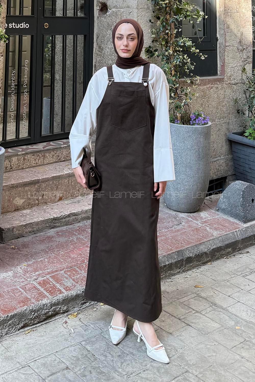 Lamelif Kanguru Cepli Tesettür Elbise Acı Kahve