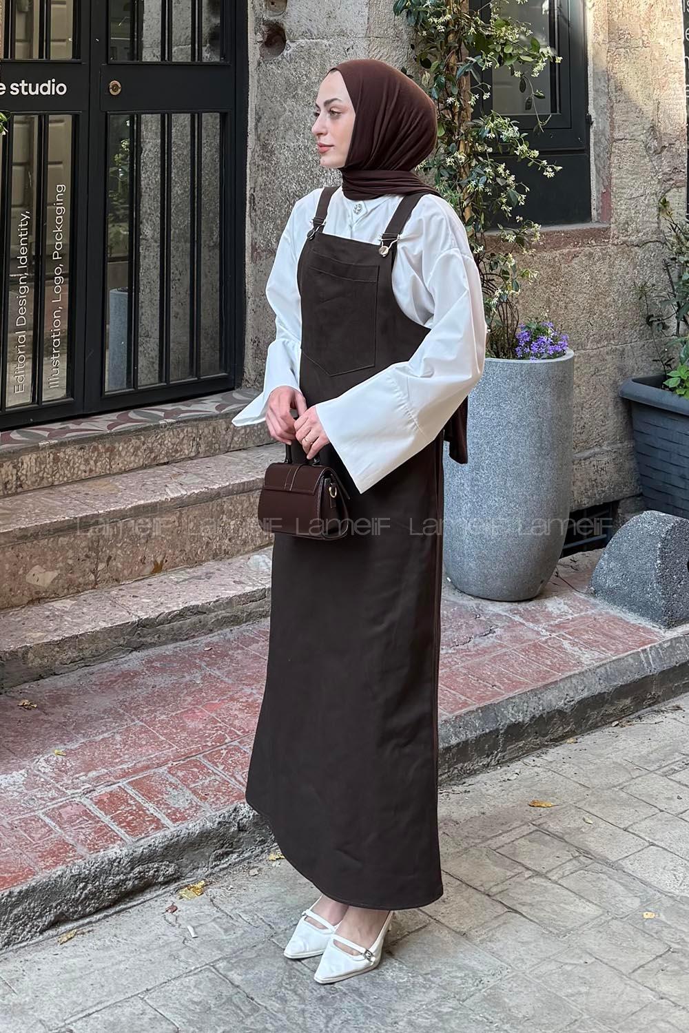 Lamelif Kanguru Cepli Tesettür Elbise Acı Kahve