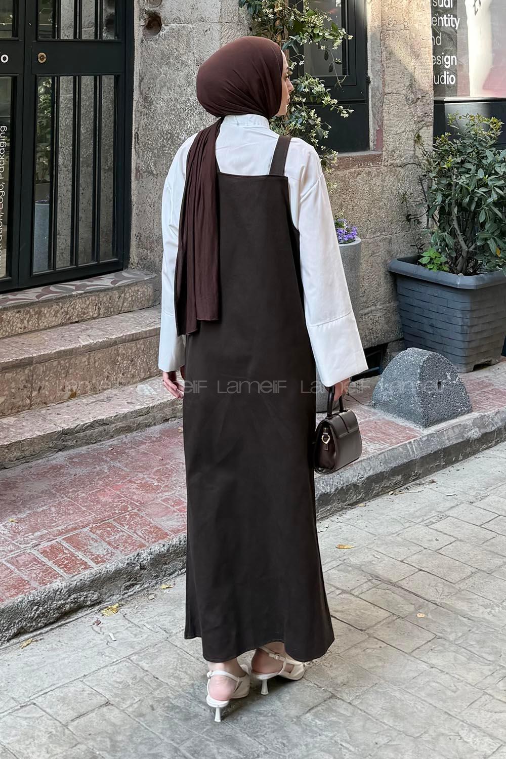 Lamelif Kanguru Cepli Tesettür Elbise Acı Kahve