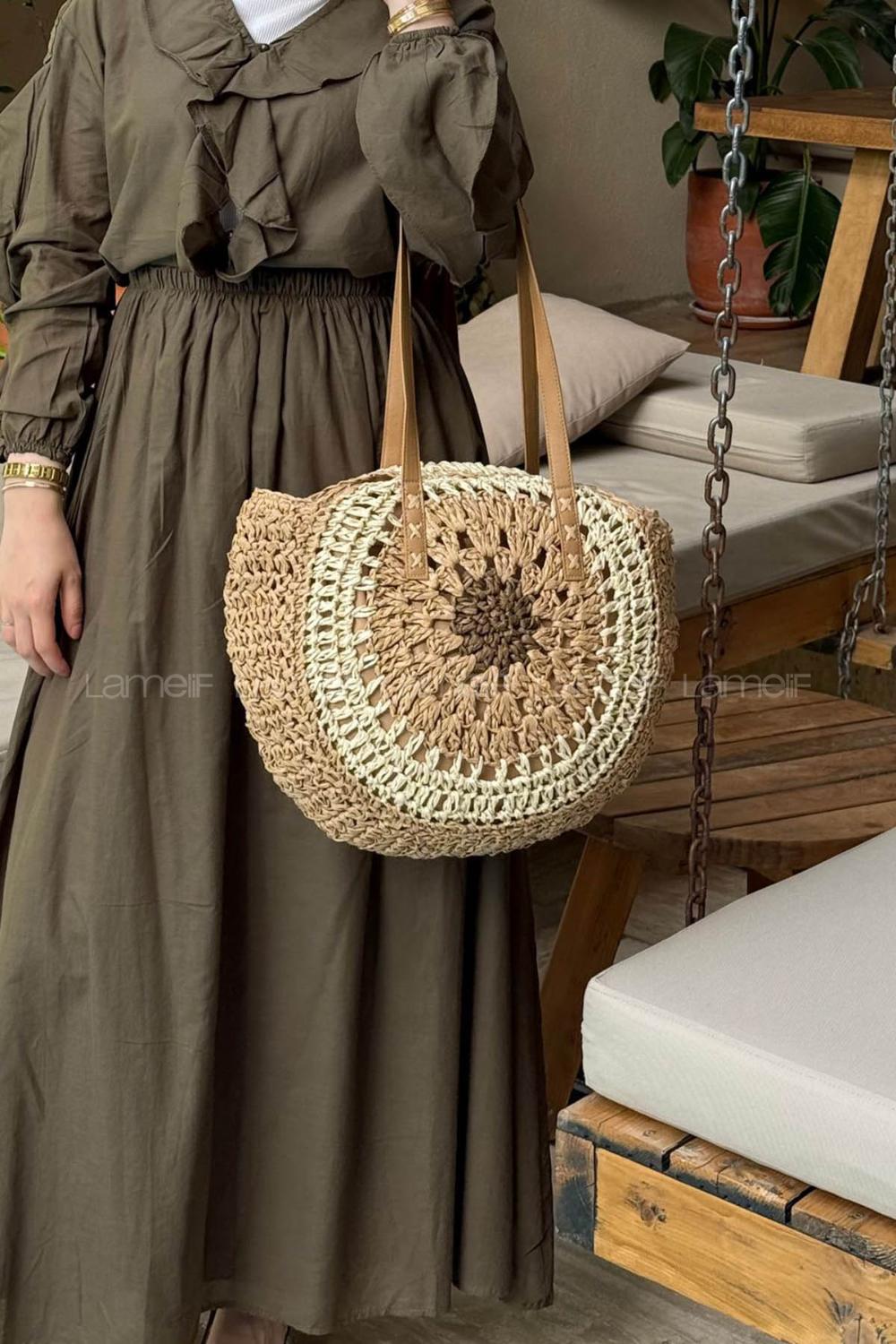 Lamelif Bloklu El Örgüsü Hasır Kadın Yuvarlak Omuz Çanta 