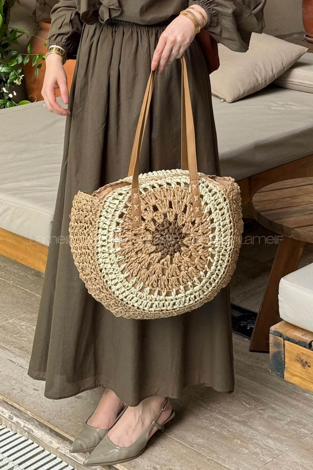 Lamelif Bloklu El Örgüsü Hasır Kadın Yuvarlak Omuz Çanta 