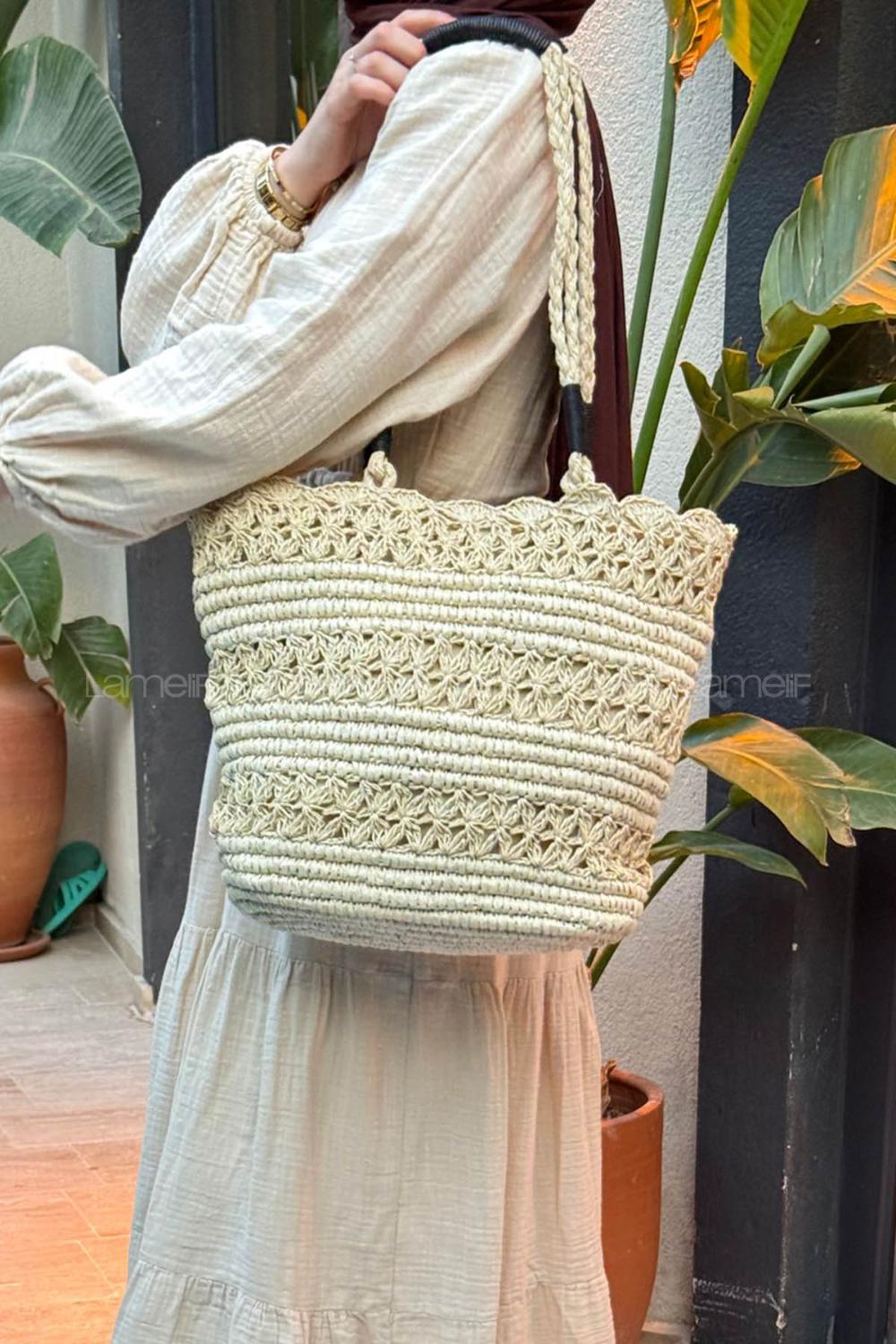 Lamelif El Örgüsü Hasır Çanta Plaj Çantası