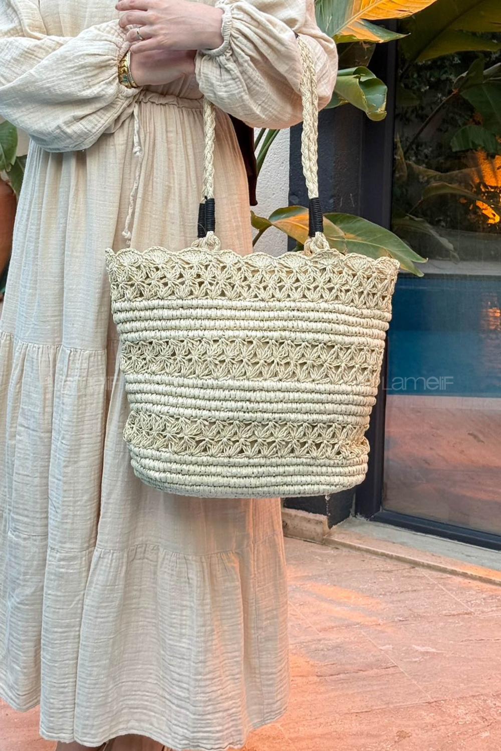 Lamelif El Örgüsü Hasır Çanta Plaj Çantası