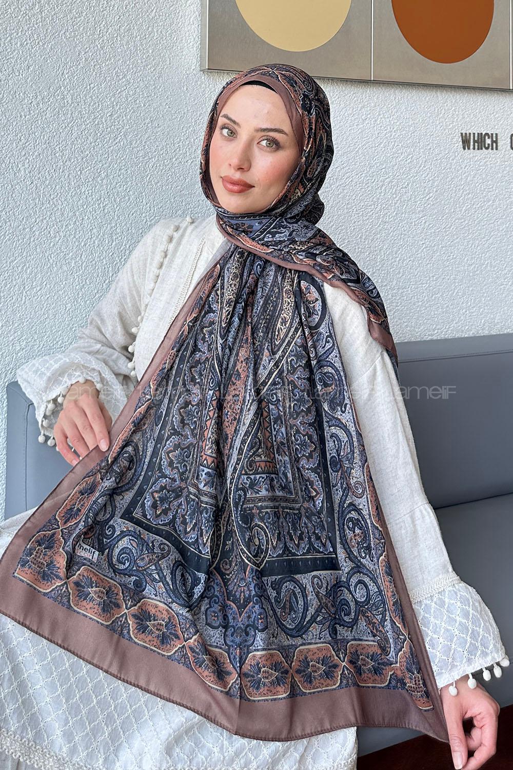 Lamelif Retro Desen Pamuk Şal Camel Gri