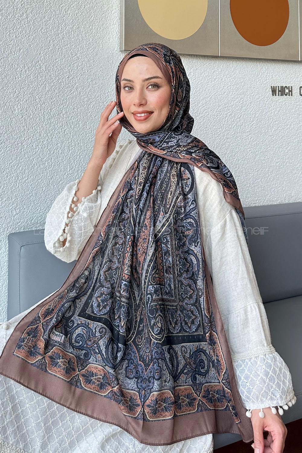 Lamelif Retro Desen Pamuk Şal Camel Gri