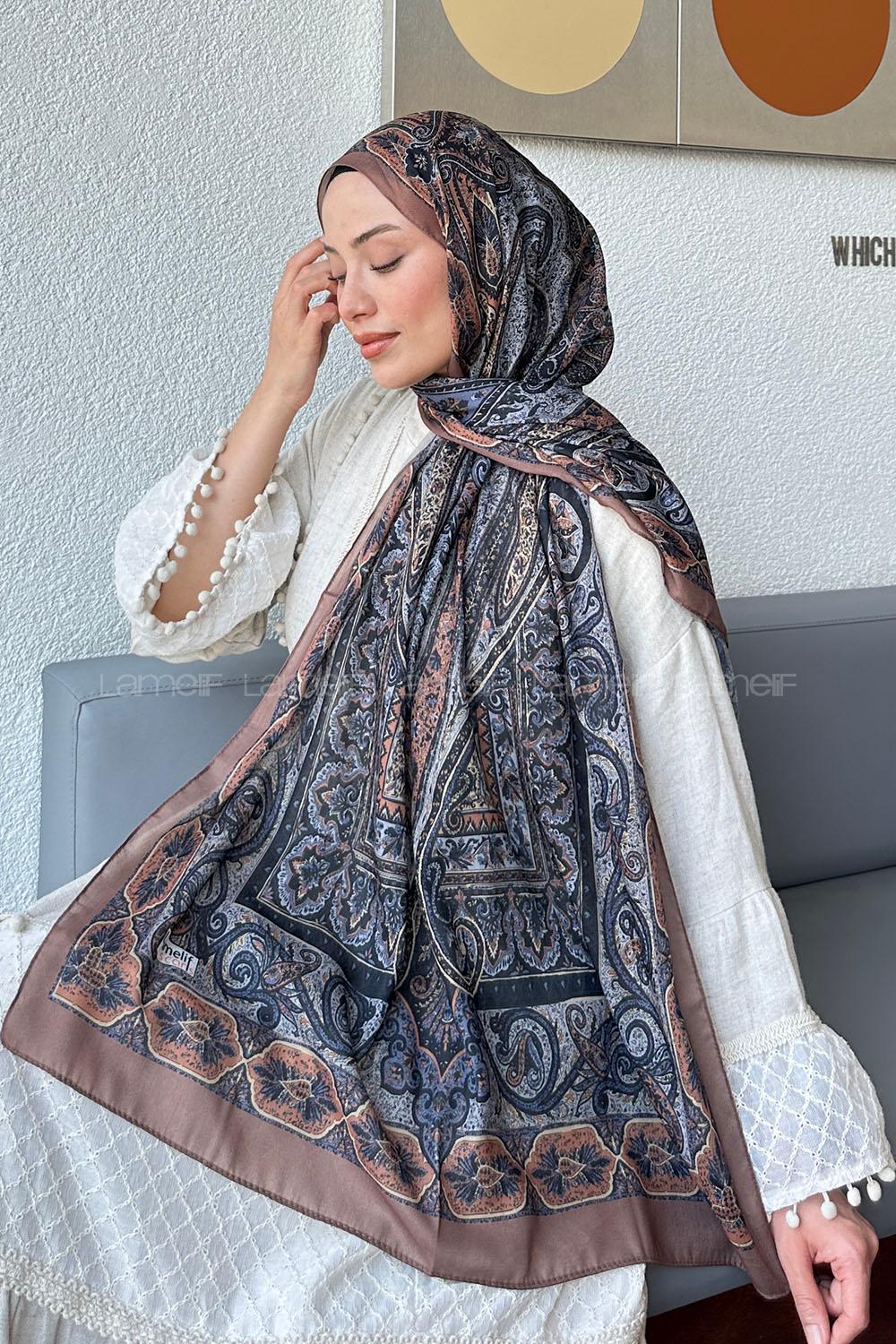 Lamelif Retro Desen Pamuk Şal Camel Gri