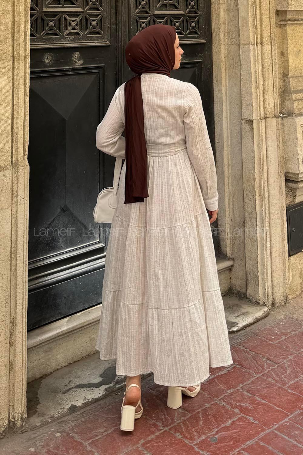 Lamelif Dantel Detaylı Kuşaklı Gofre Elbise Taş Rengi