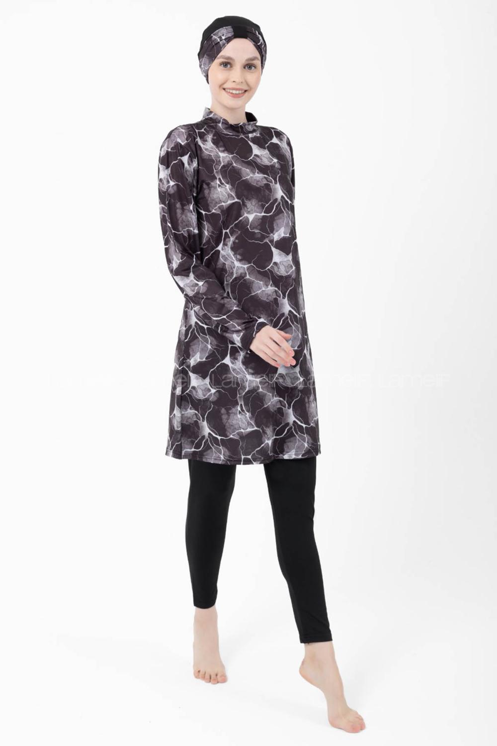 Lamelif Haşama Tesettür Mayo Hijap Siyah - Beyaz