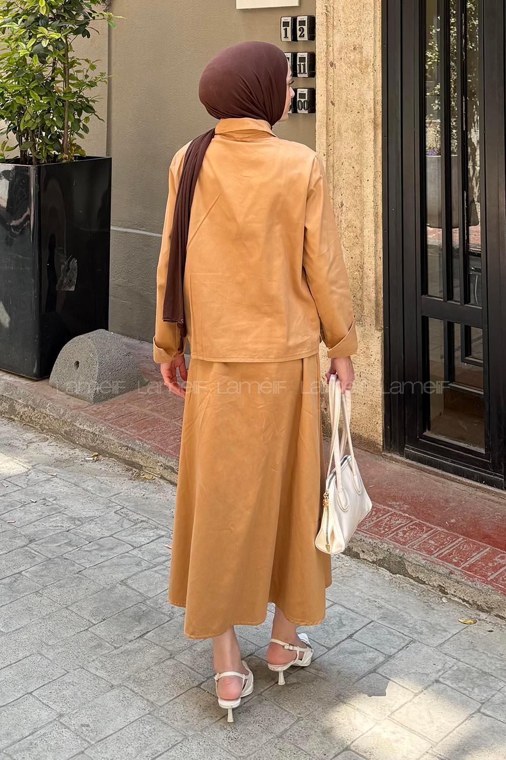 Lamelif Cep Detaylı İkili Etek  Tesettür Takım Camel