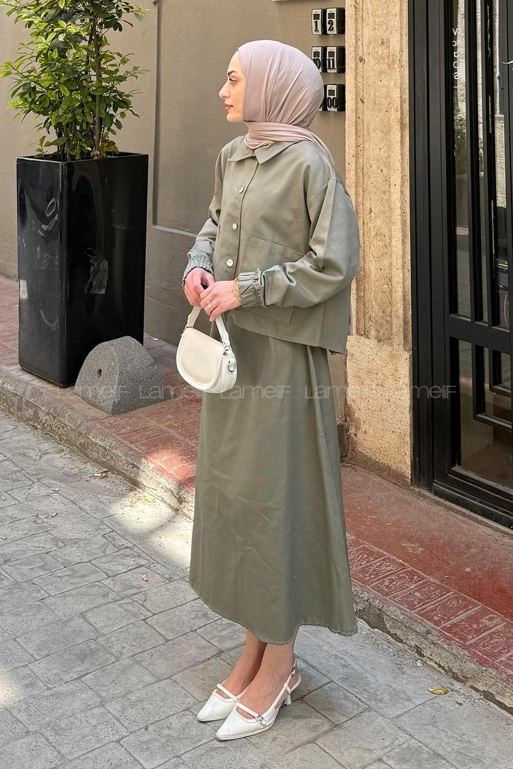 Lamelif Cep Detaylı İkili Etek Tesettür Takım Haki