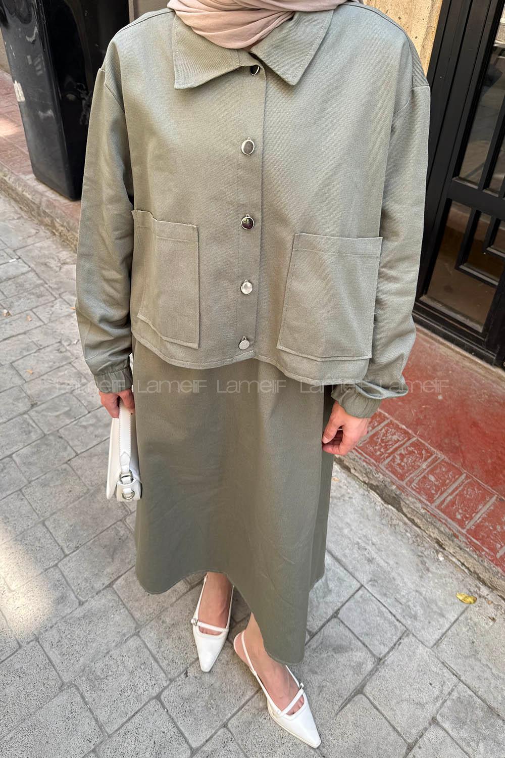 Lamelif Cep Detaylı İkili Etek Tesettür Takım Haki