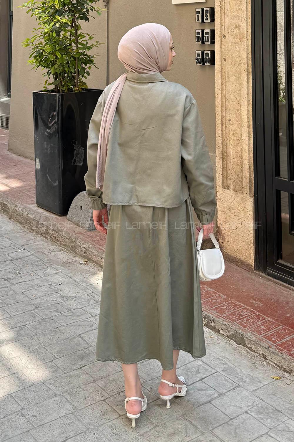 Lamelif Cep Detaylı İkili Etek Tesettür Takım Haki