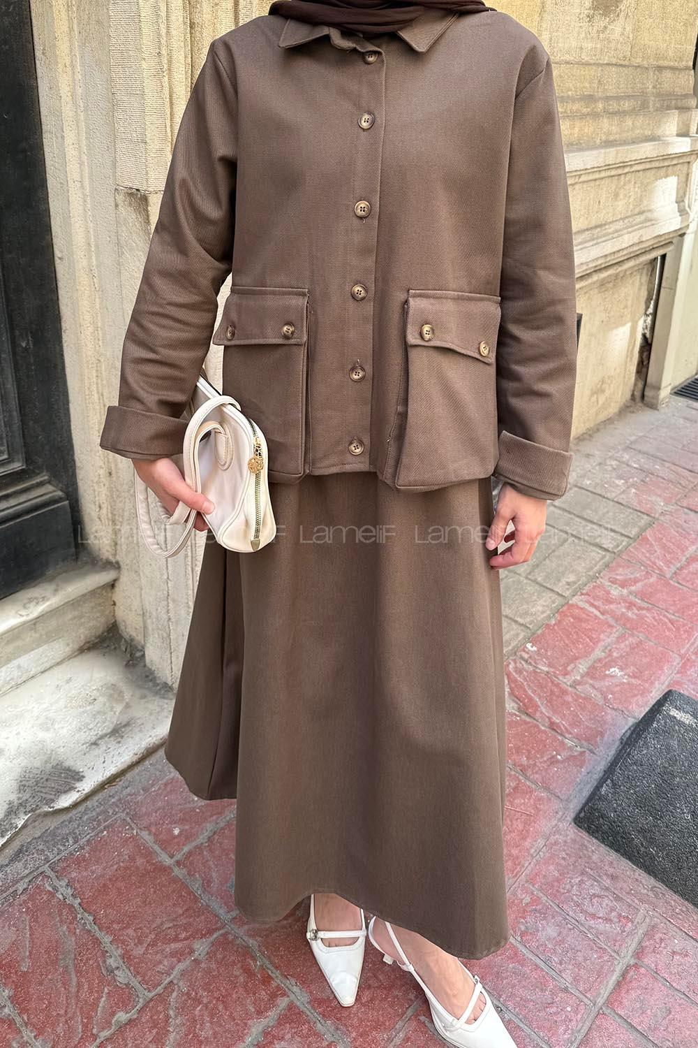 Lamelif Cep Detaylı İkili Etek  Tesettür Takım Kahve