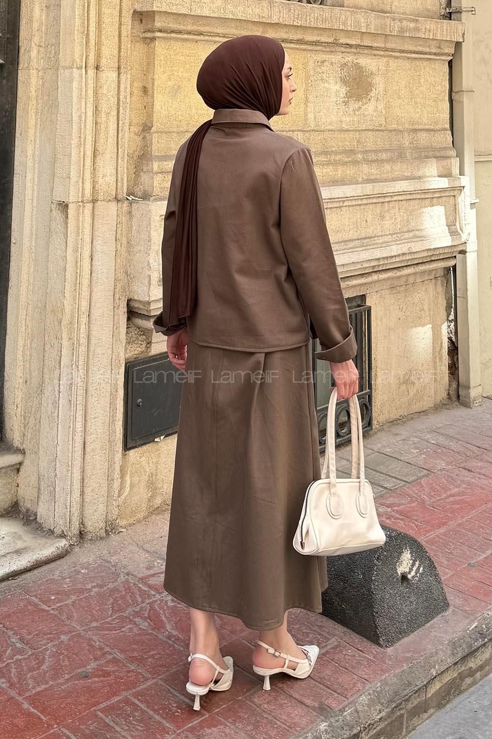 Lamelif Cep Detaylı İkili Etek  Tesettür Takım Kahve