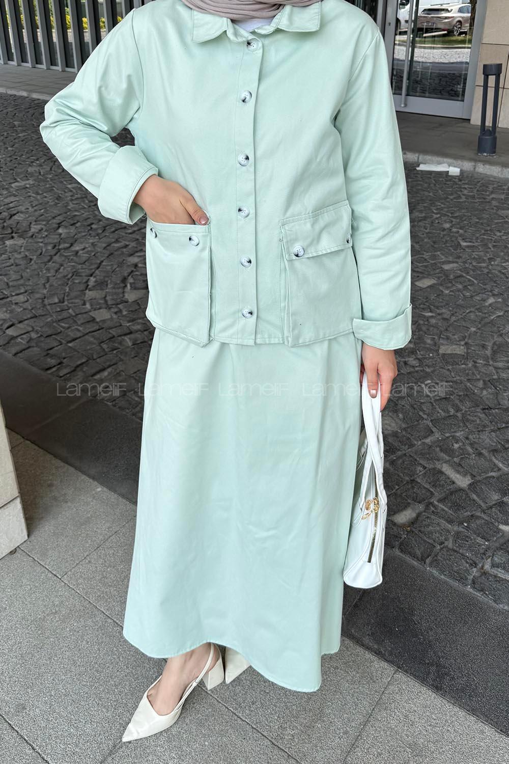 Mint Green-1 Shirt Collar Long Arm Gabardin Flare Suit