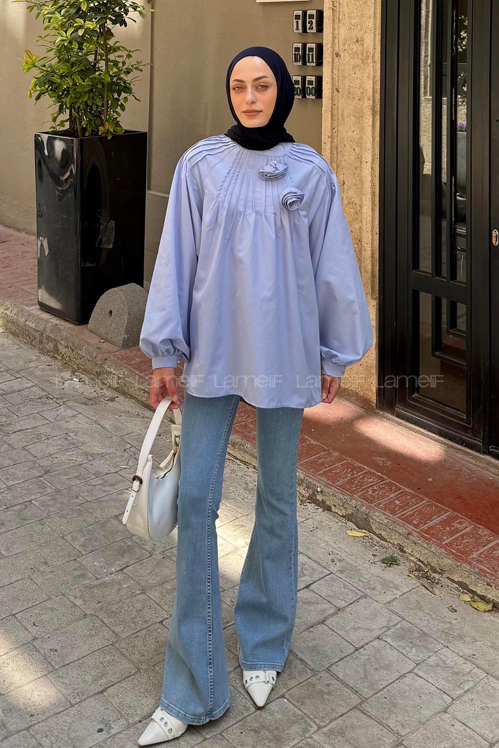 Lamelif Çiçek Detaylı Nervür Bluz Bebe Mavisi