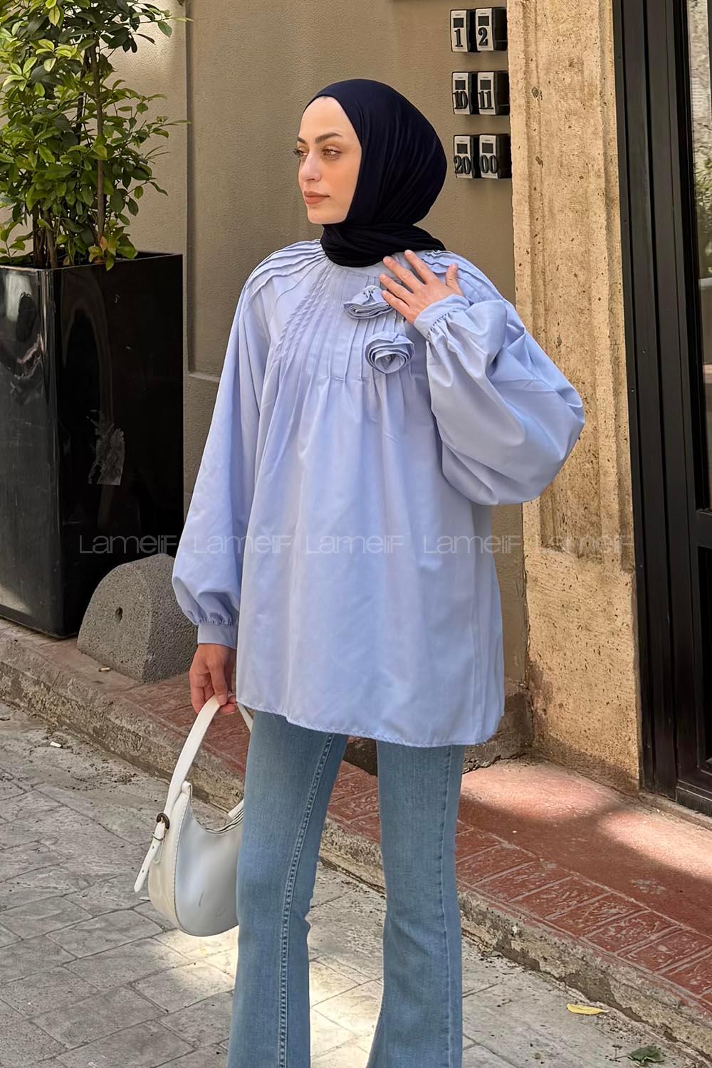 Lamelif Çiçek Detaylı Nervür Bluz Bebe Mavisi