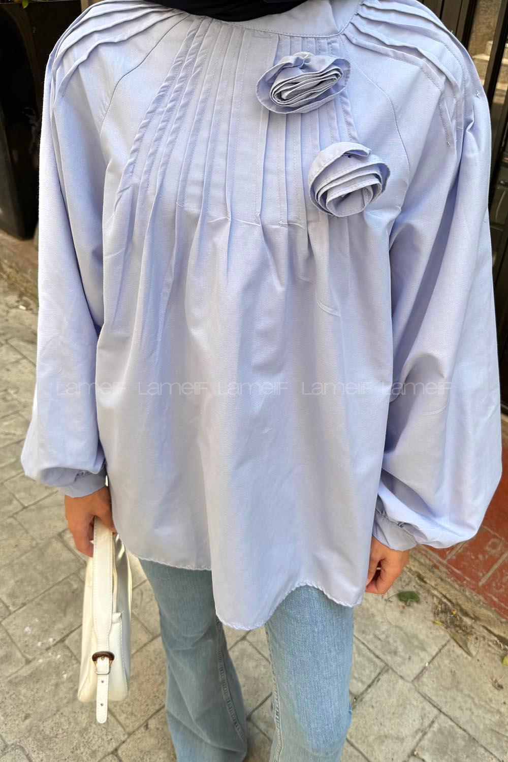 Lamelif Çiçek Detaylı Nervür Bluz Bebe Mavisi