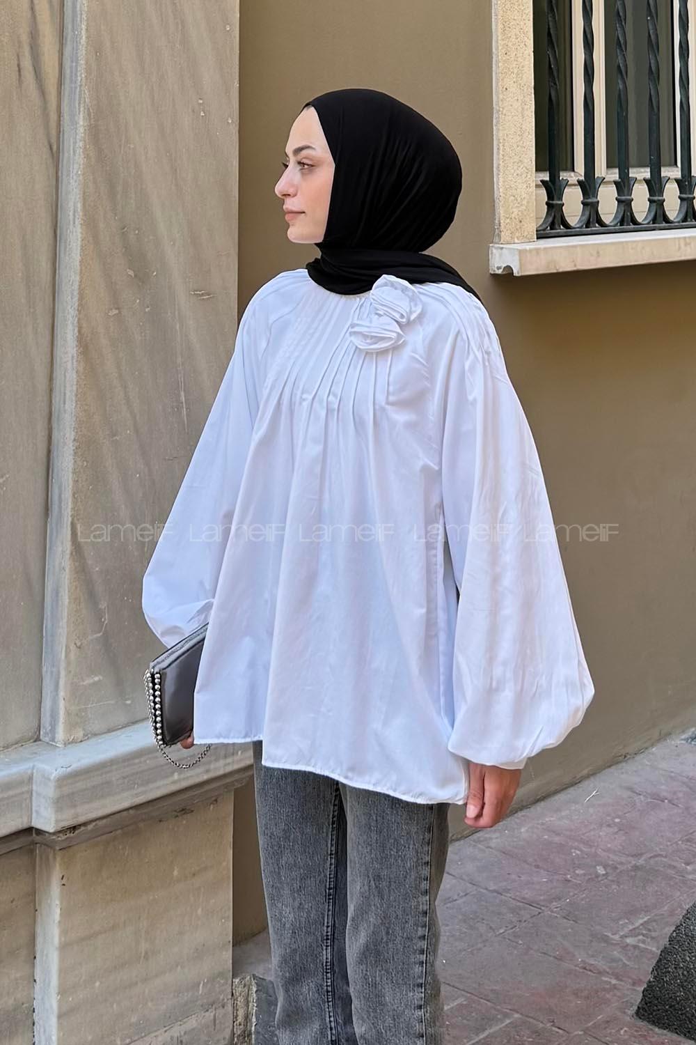 White Normal Neck Long Arm Cotton Blouse