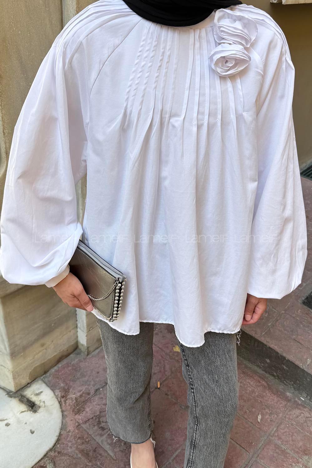 White Normal Neck Long Arm Cotton Blouse