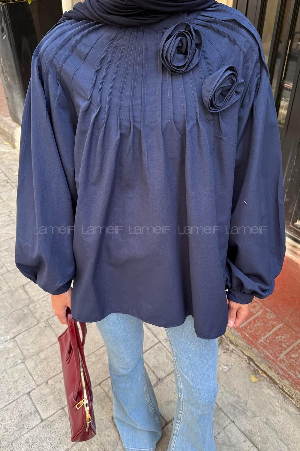 Navy Blue Normal Neck Long Arm Cotton Blouse