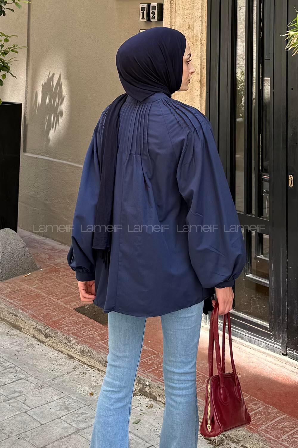 Navy Blue Normal Neck Long Arm Cotton Blouse