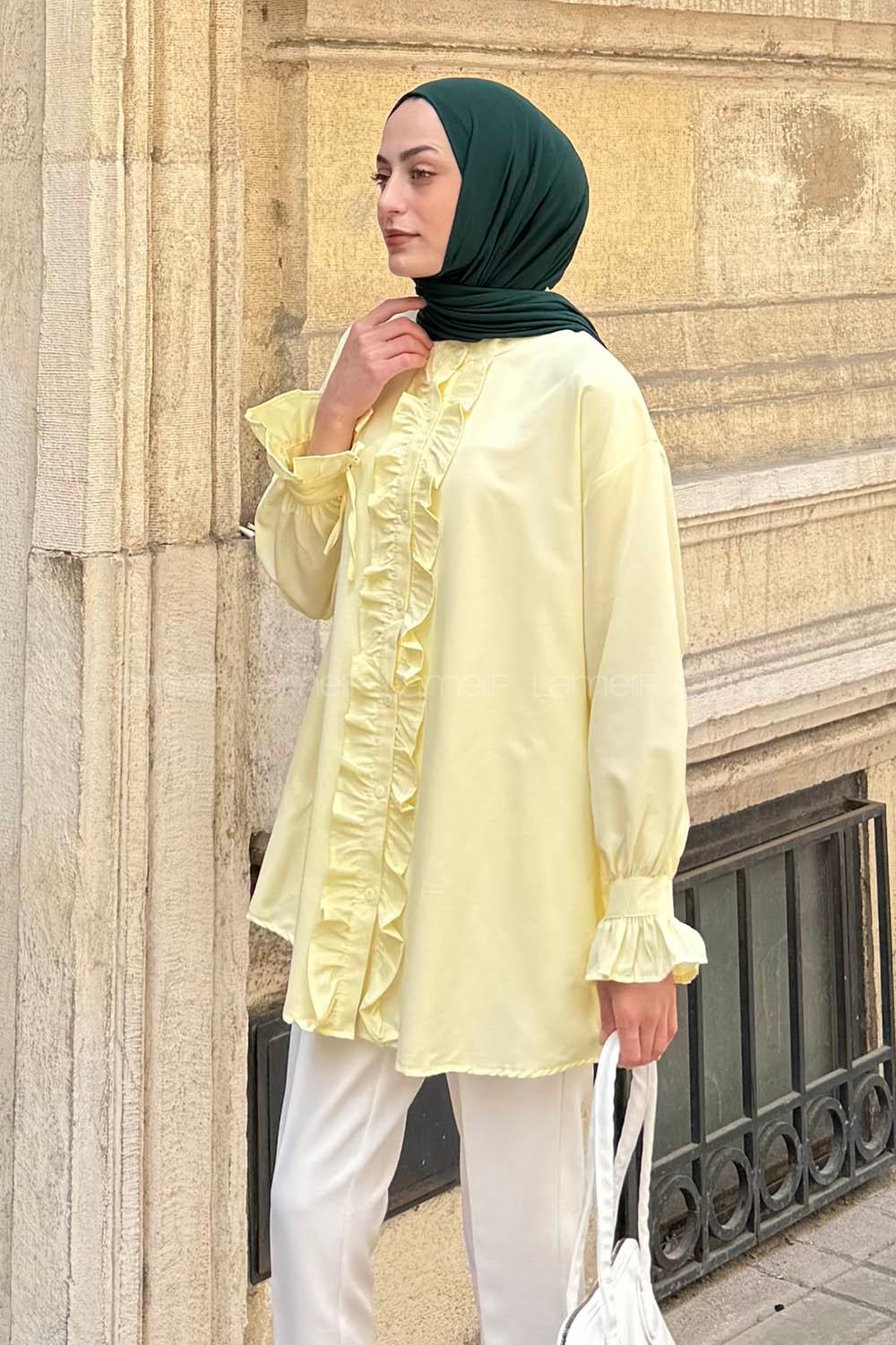 Lamelif Flores Fırfırlı Tunik Sarı