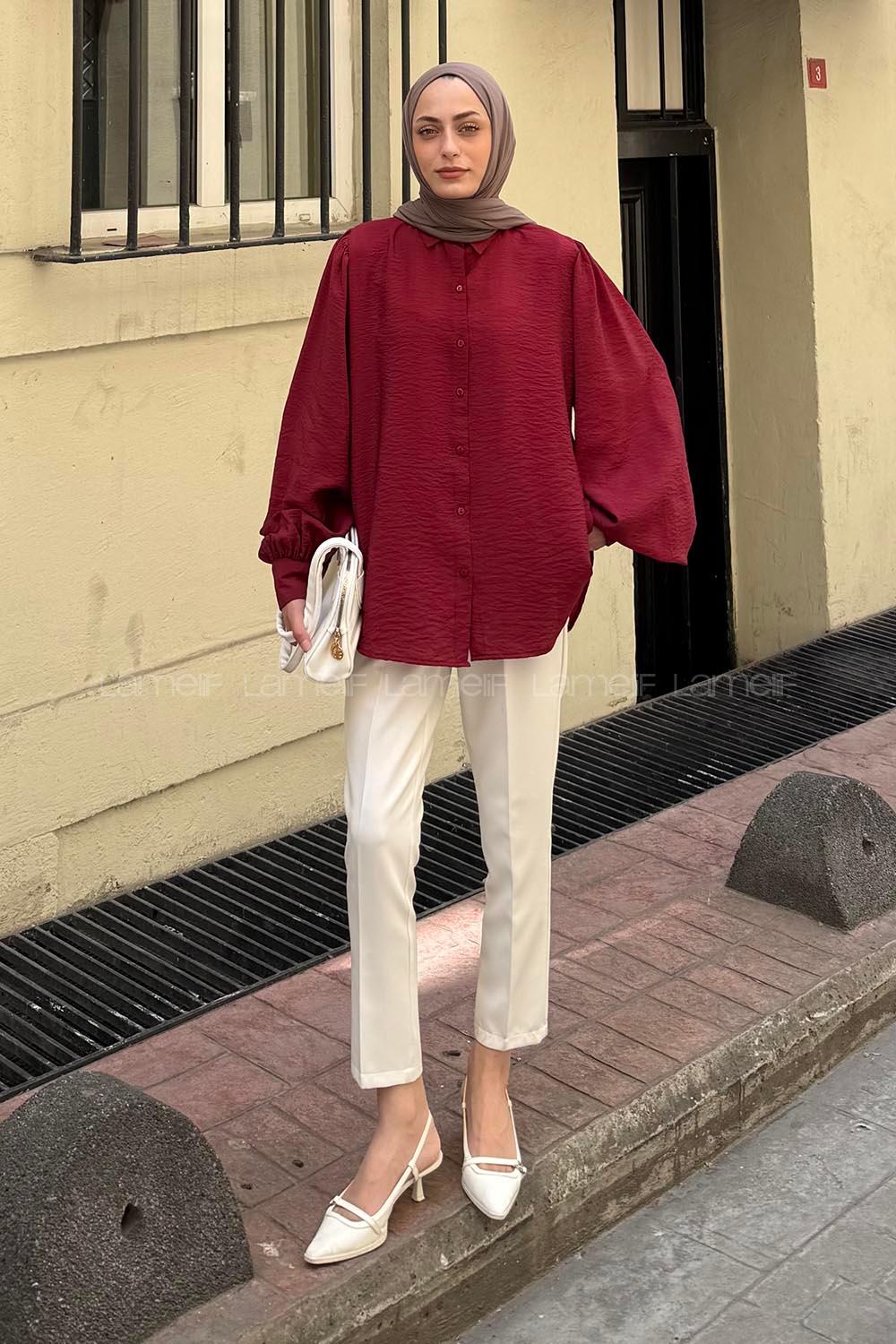 Lamelif Sedef Balon Kol Gömlek Bordo