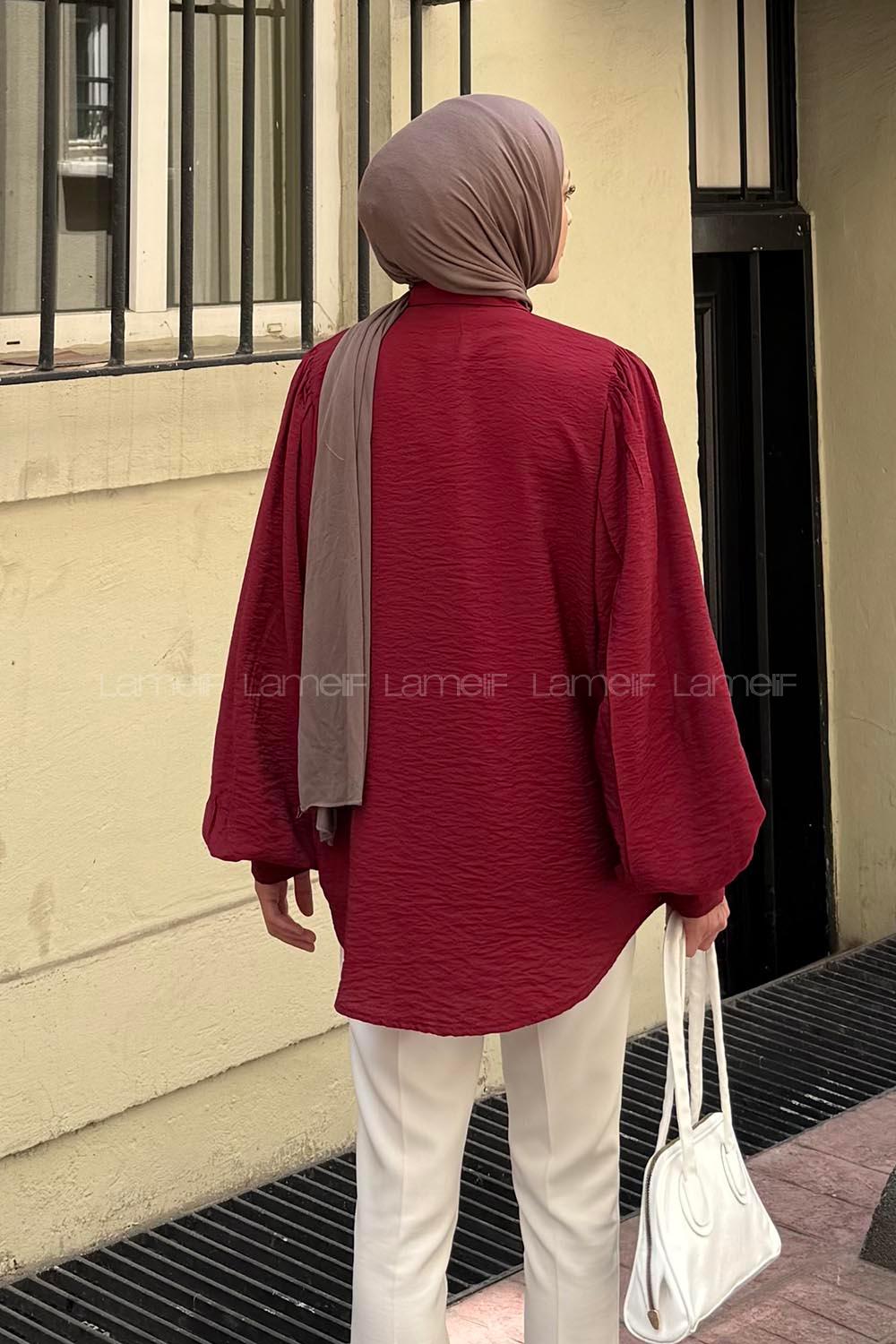 Lamelif Sedef Balon Kol Gömlek Bordo