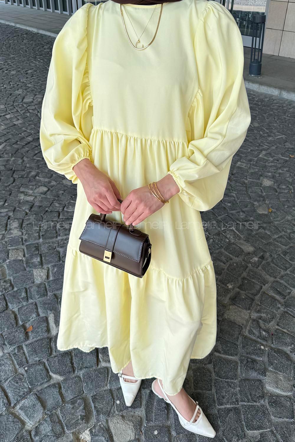 Lamelif Balon Kol Katlı Tesettür Elbise Sarı