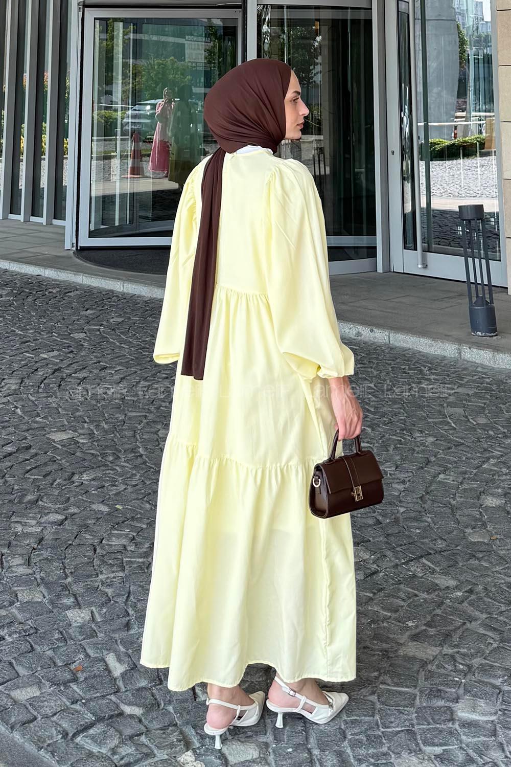 Lamelif Balon Kol Katlı Tesettür Elbise Sarı
