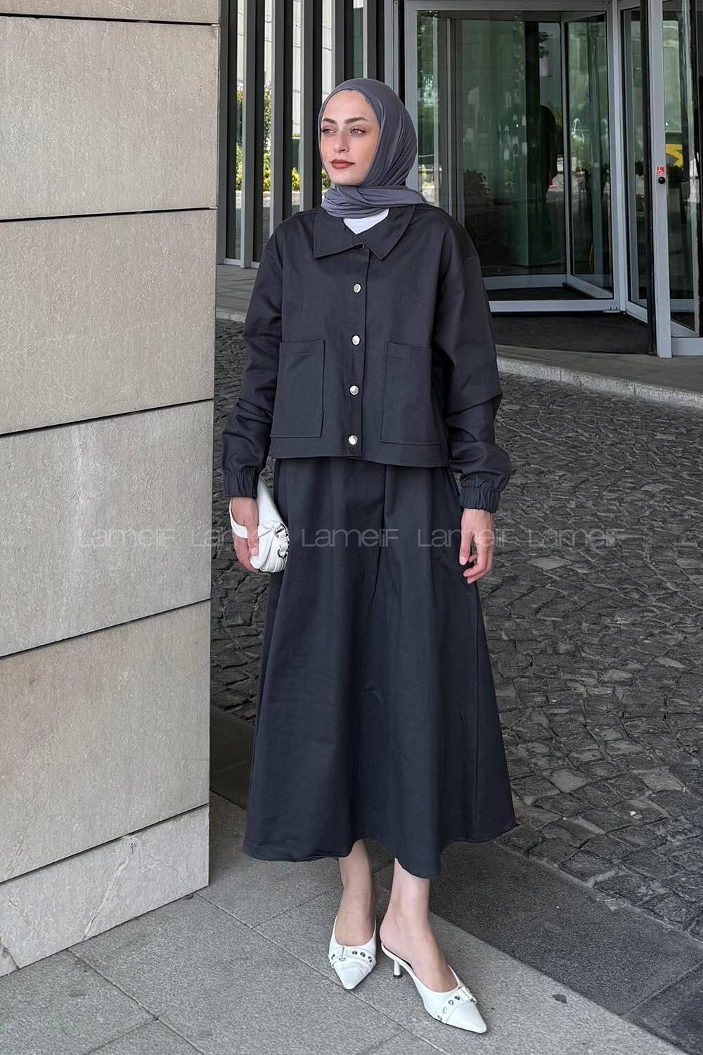 lı İkili Etek Tesettür Takım Antrasit