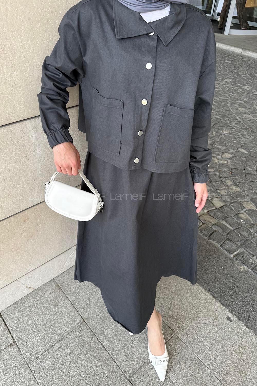 lı İkili Etek Tesettür Takım Antrasit