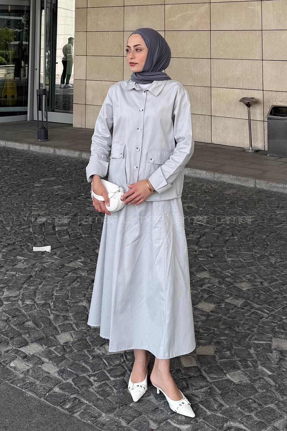 Lamelif Cep Detaylı İkili Etek  Tesettür Takım Gri