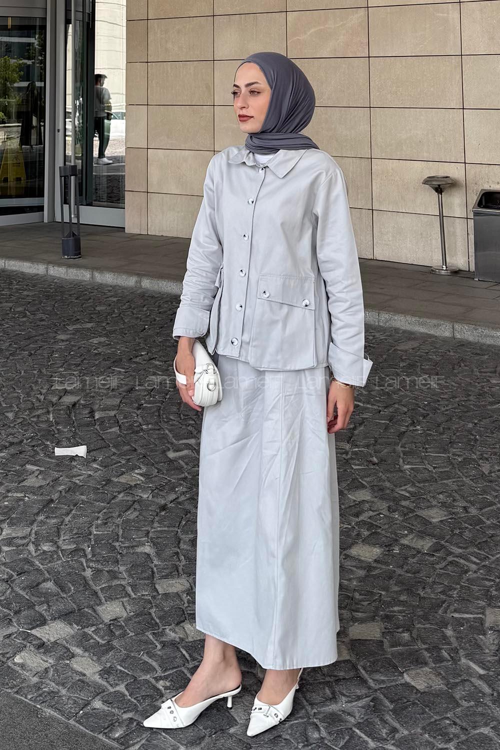 Lamelif Cep Detaylı İkili Etek  Tesettür Takım Gri