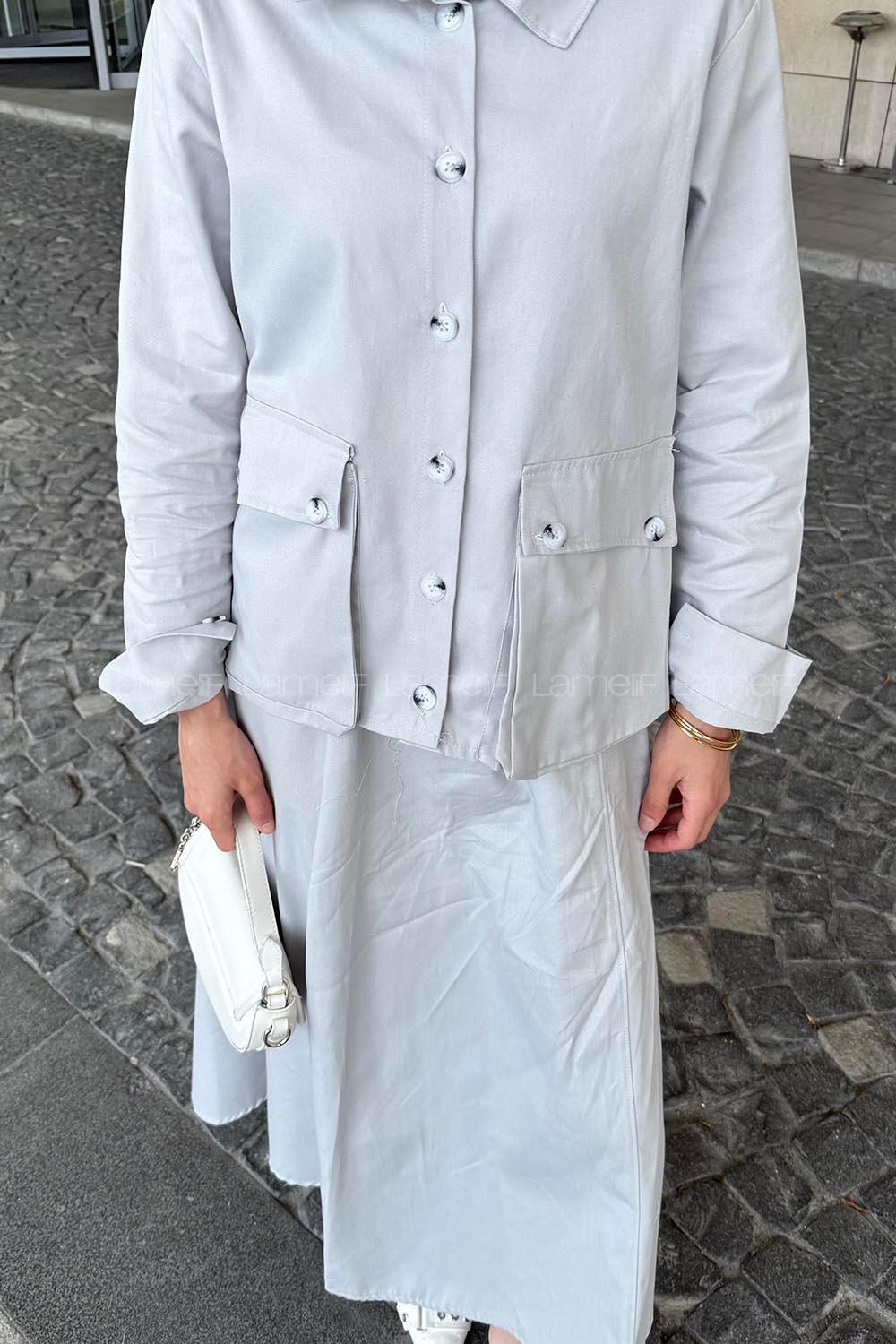 Lamelif Cep Detaylı İkili Etek  Tesettür Takım Gri