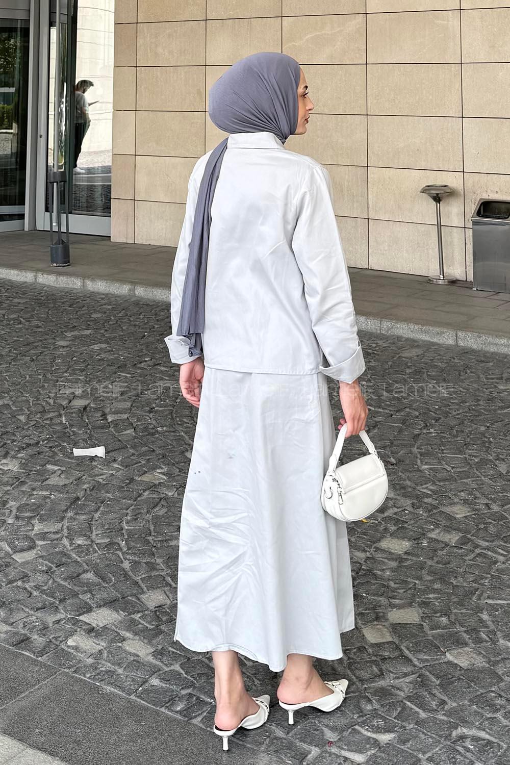 Lamelif Cep Detaylı İkili Etek  Tesettür Takım Gri