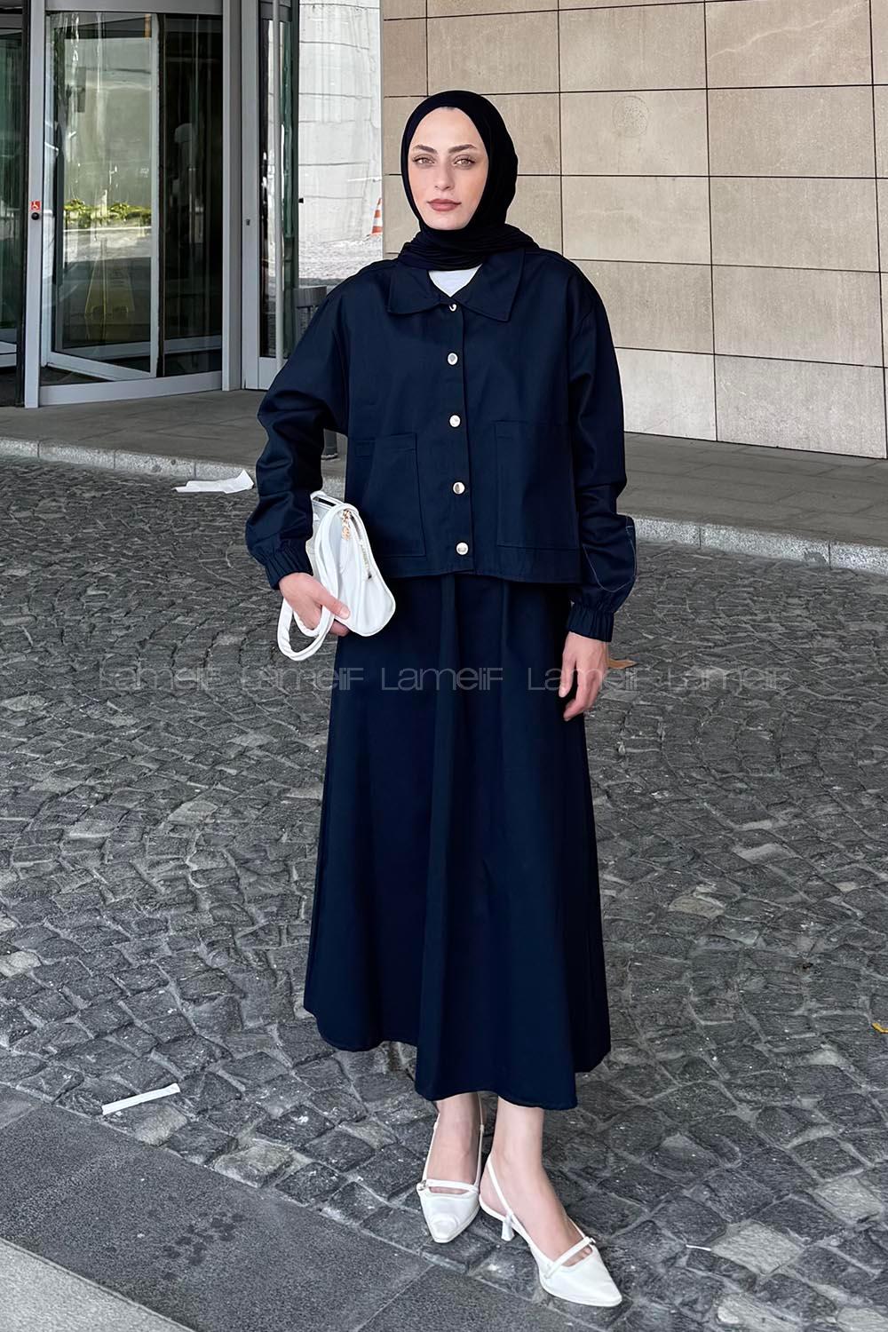 Lamelif Cep Detaylı İkili Etek Tesettür Takım Lacivert