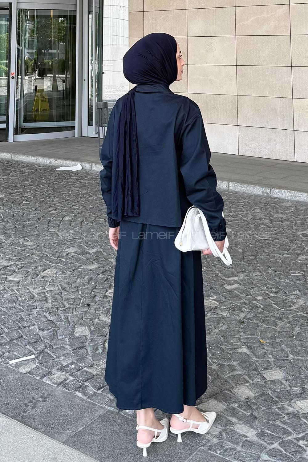 Lamelif Cep Detaylı İkili Etek Tesettür Takım Lacivert