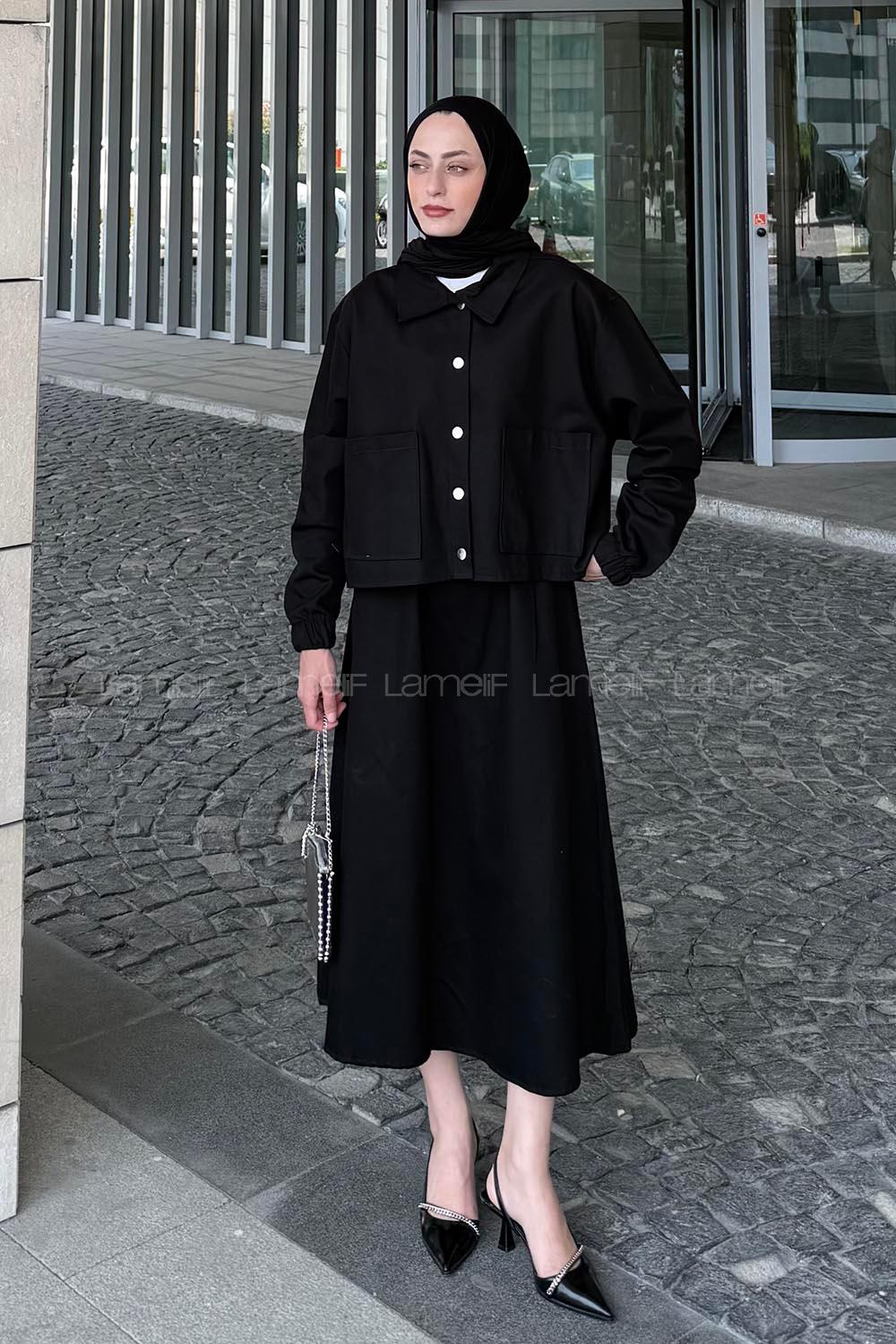 Lamelif Cep Detaylı İkili Etek Tesettür Takım Siyah