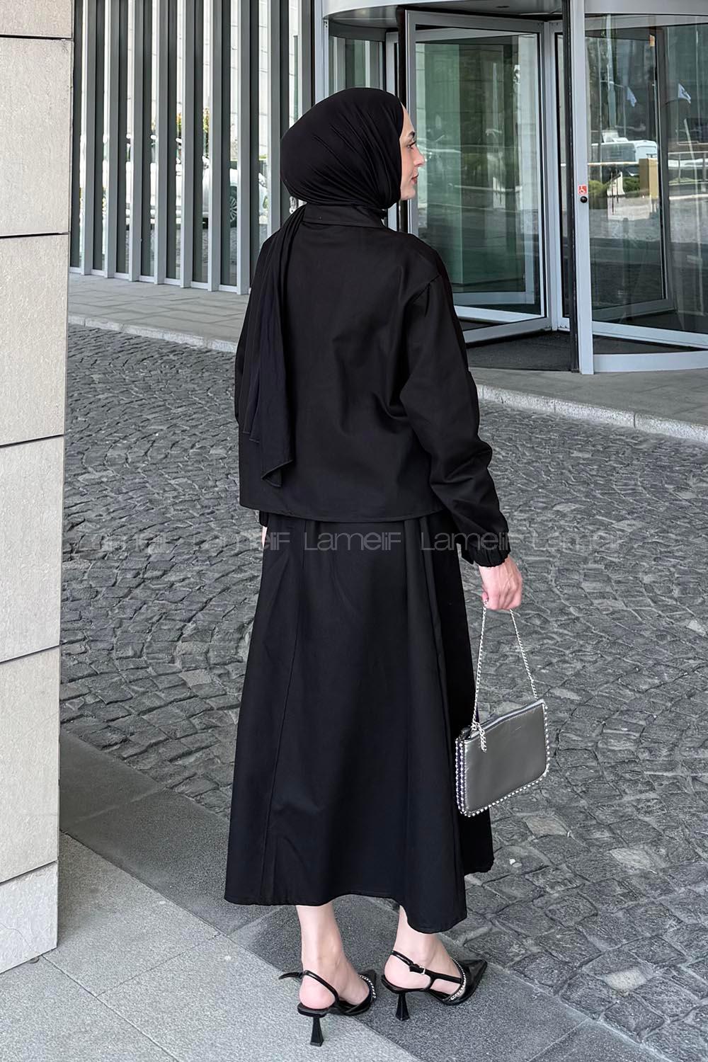 Lamelif Cep Detaylı İkili Etek Tesettür Takım Siyah