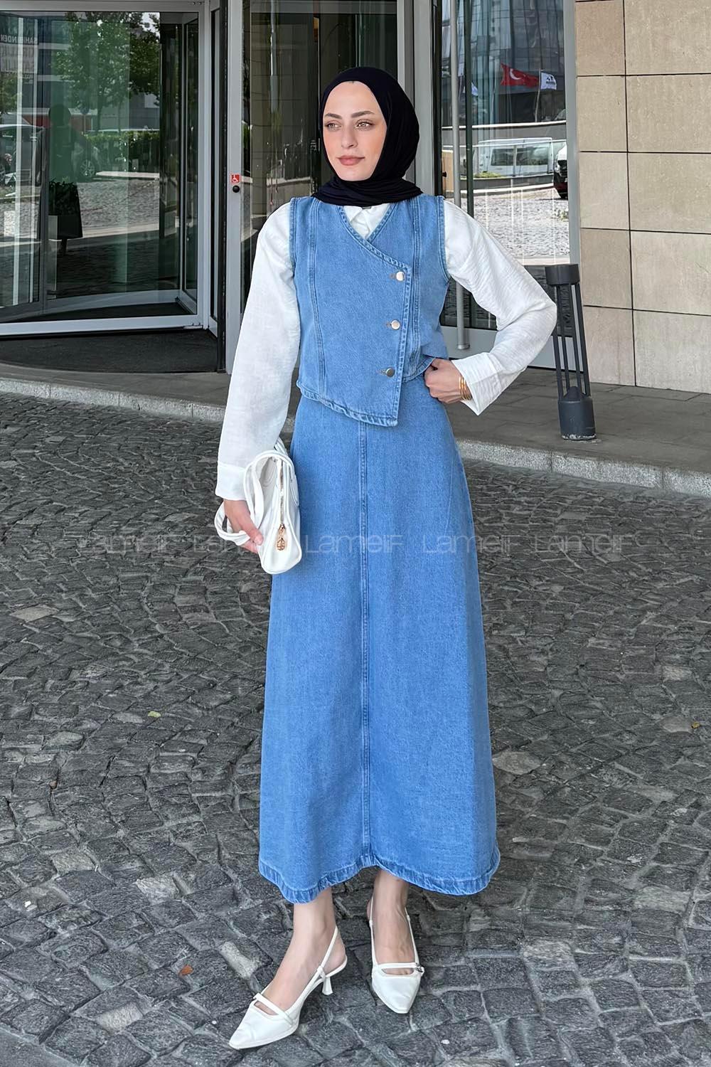 Lamelif Kruvaze Kapama Kot Etekli Takım Açık Mavi