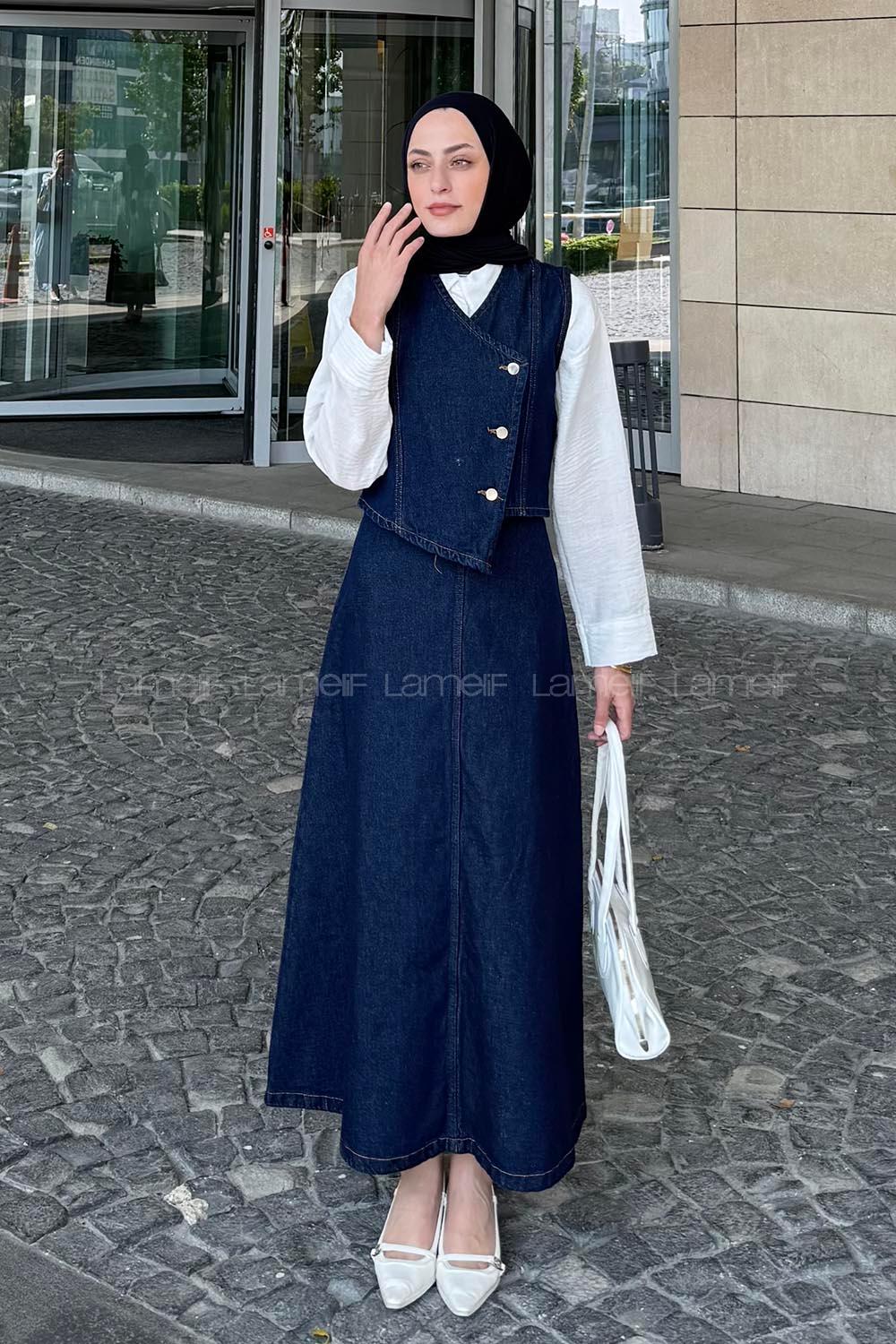 Denim Blue V Neck Sleeveless Arm Denim Straight Skirt Suit