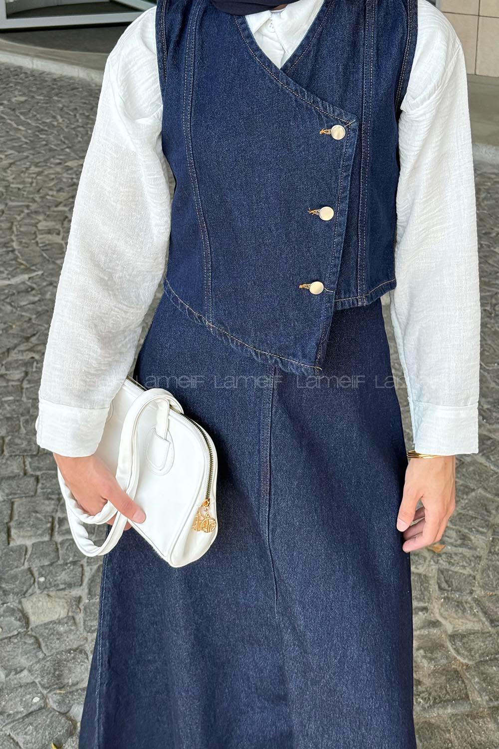 Denim Blue V Neck Sleeveless Arm Denim Straight Skirt Suit