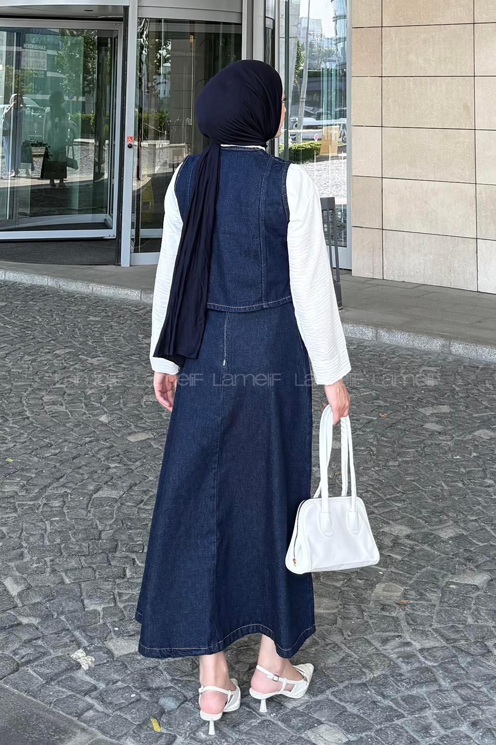 Denim Blue V Neck Sleeveless Arm Denim Straight Skirt Suit